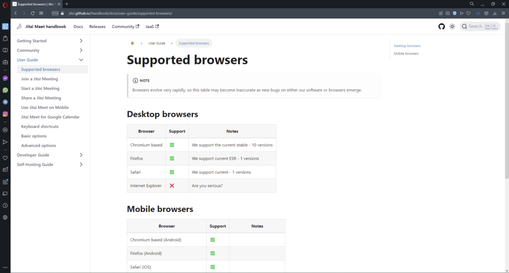 List of compatible browsers for Jitsi.