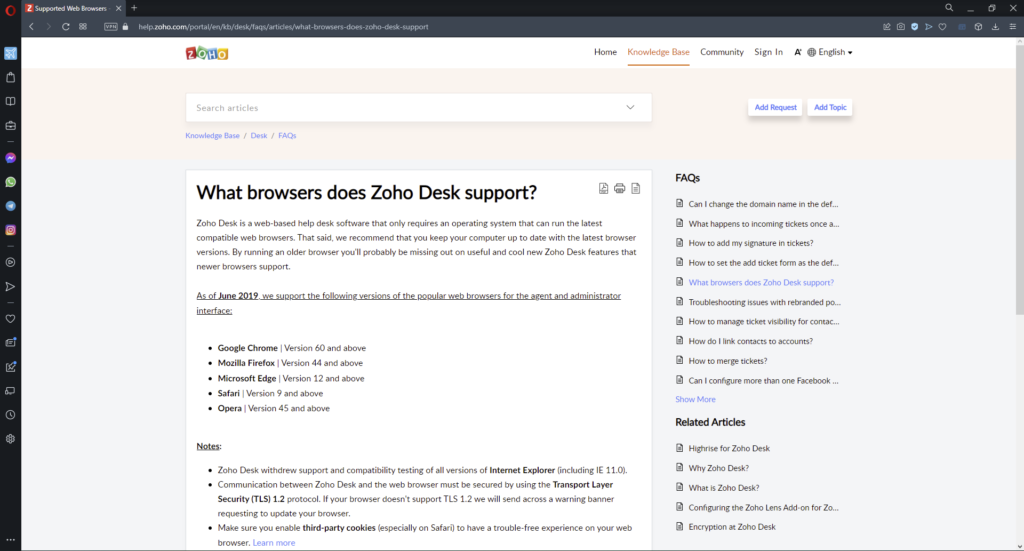 Supported browsers for Zoho.