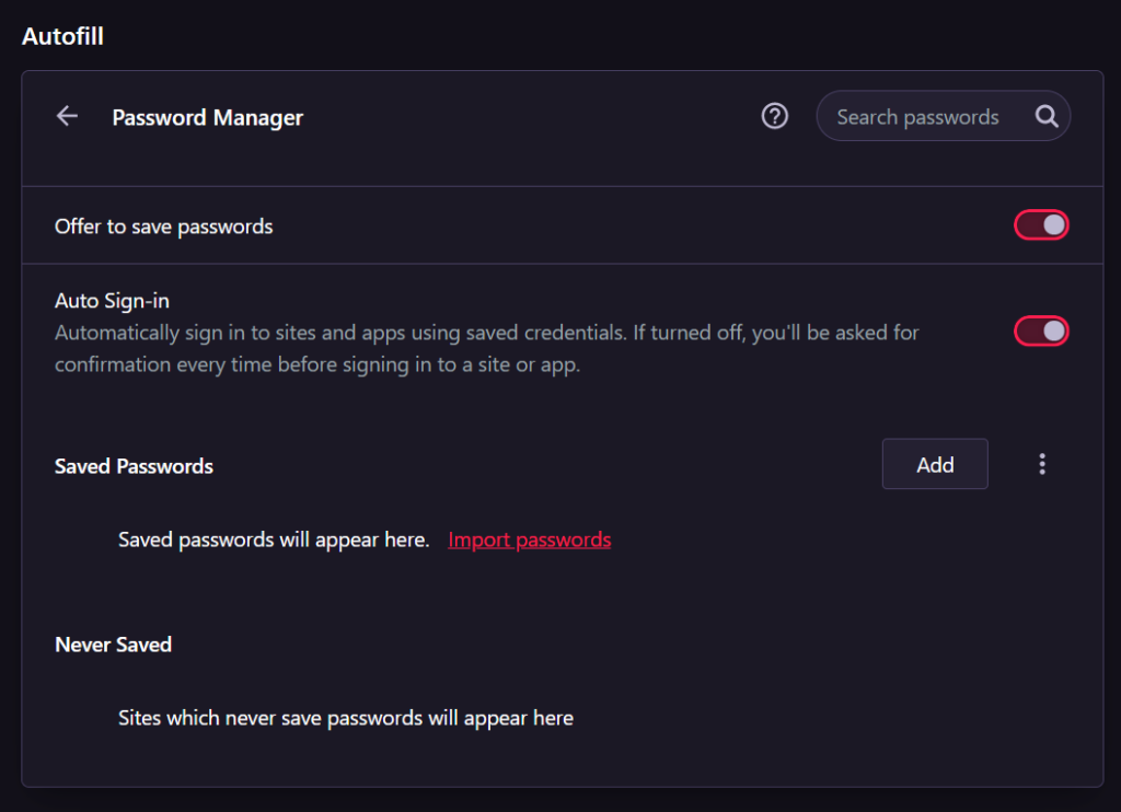 Opera GX Password Manager feature
