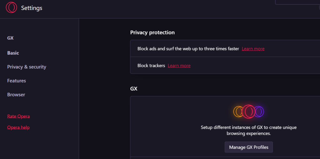 Opera GX Privacy Settings