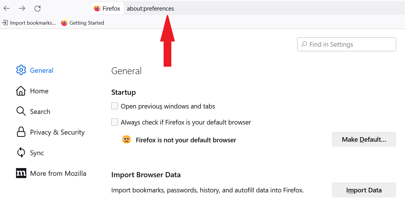 Firefox settings page