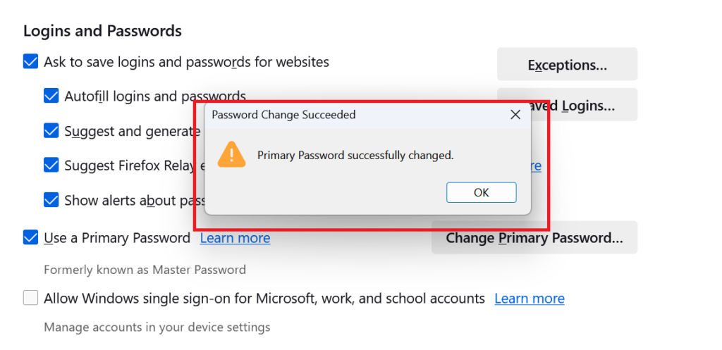 Primary password set on Firefox